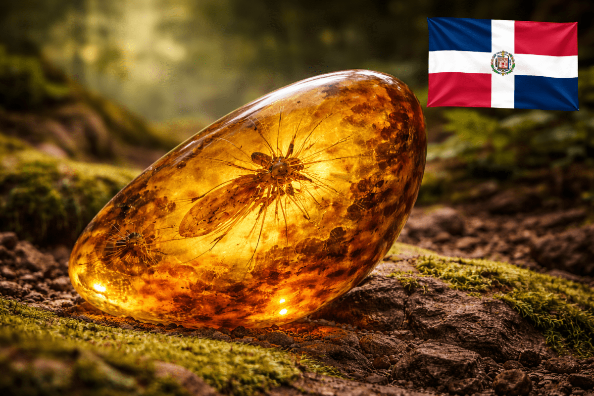 Close up of Dominican amber from Dominican Republic showing a fossil insect preserved in amber.