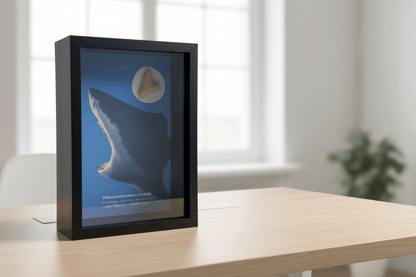 Palaeocarcharodon orientalis Fossil Shark Tooth in Large Deep Box Frame - FossilsAndMore