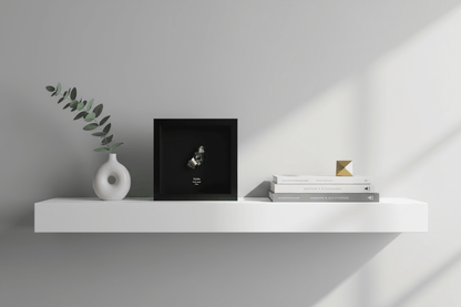 Pyrite cluster in decorative frame on a shelf